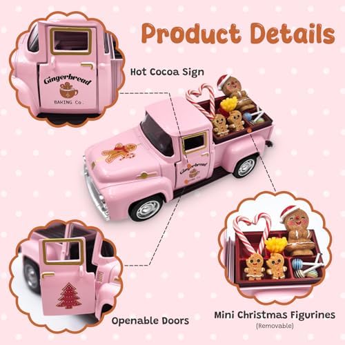 Pink Gingerbread Christmas Decor Metal Truck with Mini Candy Cookie Box