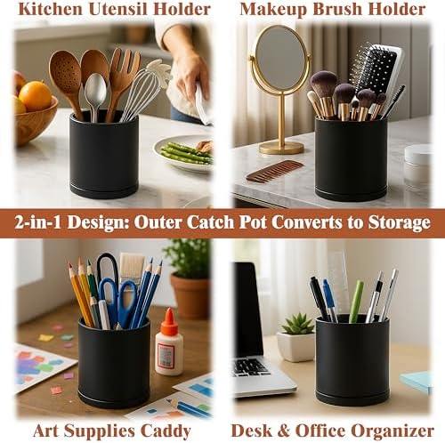 D'vine Dev Double-Layer Self-Draining Planter Set – Rotating Plastic Outer Pot with Clear Inner Liner for Root Health, Perfect for Indoor Plants, 6.5", Set of 2, Black, 73-V-B-2