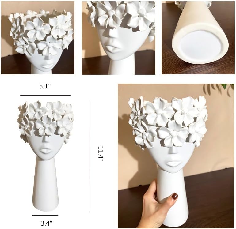Ceramic Sculpture Female Head Face Flower Vase Decoration / White