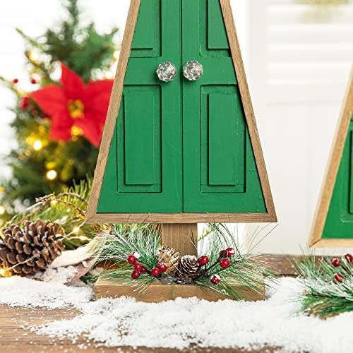 glitzhome Tabletop Wooden Christmas Tree Set of 2 with Pinecones and Berries for Xmas Holiday Home Decorations, 19" H, Green