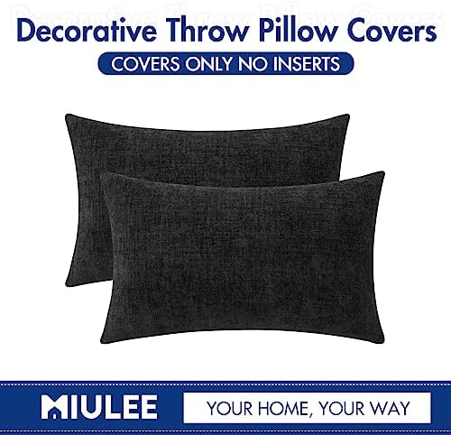 MIULEE Soft Chenille Lumbar Throw Pillow Covers Black 12x20 Inch Pack of 2