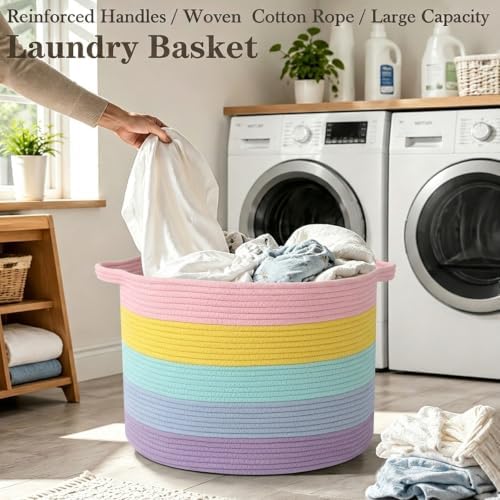 90L Large Blanket Basket,Rope Woven Laundry Basket-Colorful