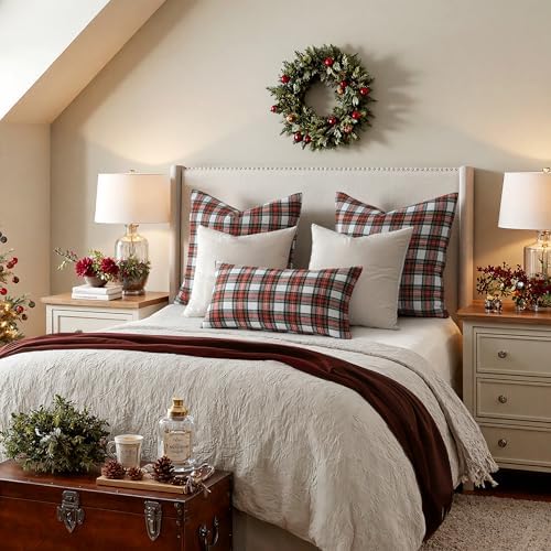 MIULEE Christmas Plaid Pillow Covers Scottish Tartan 26x26 Red and White