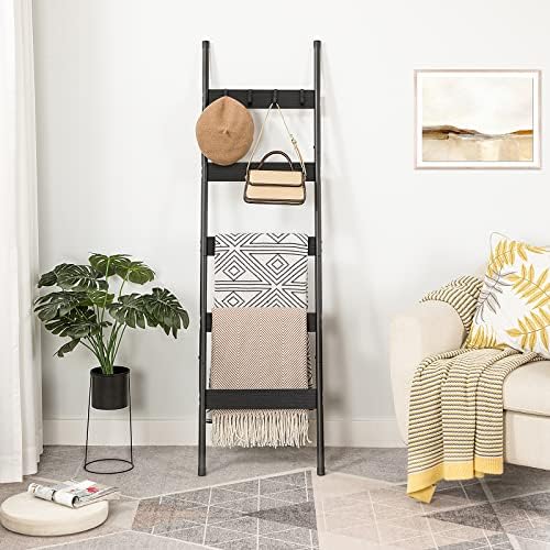 HOOBRO Blanket Ladder, 5-Tier Towel Rack with Hooks, Wall-Leaning Blanket Rack, Decorative Display Ladder Shelf