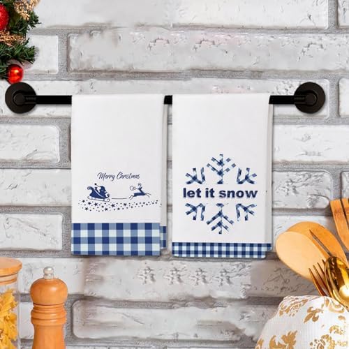 JOOCAR Blue Christmas Kitchen Towels Kitchen Decor Dish Towels Set of 4, 16x27 Inch Seasonal Witner Holiday Drying Dishcloth, Snowflake Blue Buffalo Plaid Decoration Hand Towels