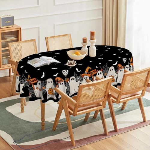 Horaldaily Halloween Tablecloth 60 x 84 Inch Oval Black Bat Ghost Spider