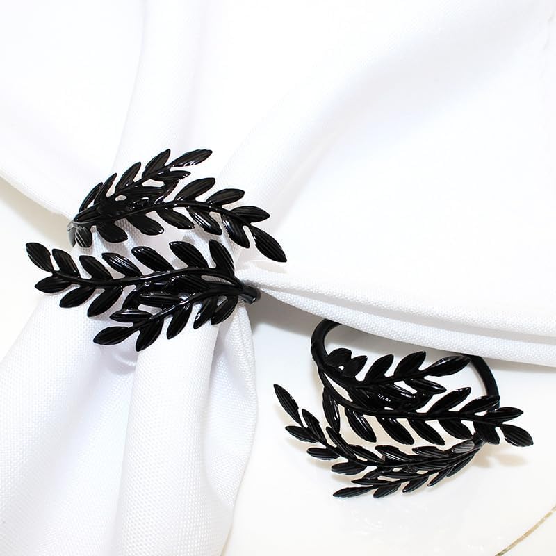 Set of 6 Black Leaf Halloween Metal Napkin Ring Holders