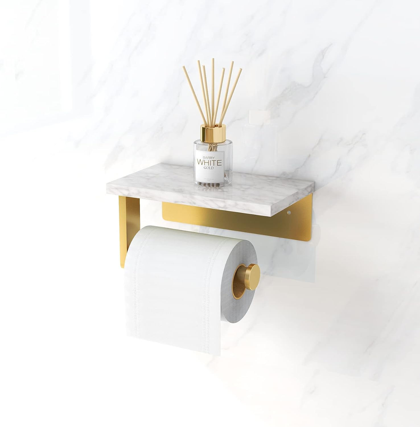 Gypie Toilet Paper Holder with Marble Shelf, Wall Mounted Gold | Stainless Steel Screw, Tissue Roll Paper Holder
