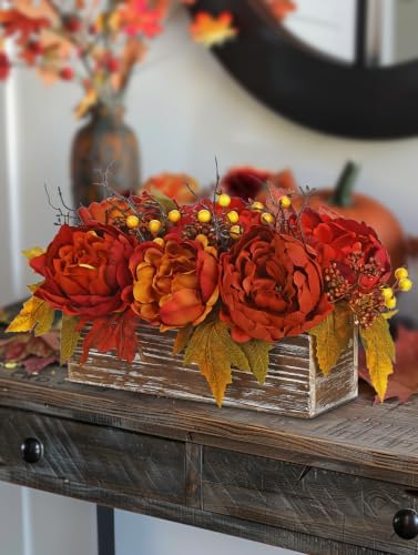 DILATATA Fall Decor Autumn Harvest Floral Centerpiece with Artificial Peony Maple Leaf and Berries Arrangement for Thanksgiving Party Mantel Fall Decor