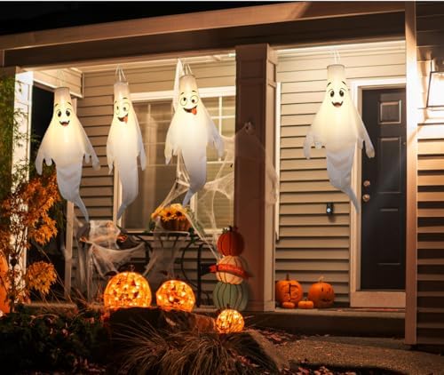 Halloween Ghost Decorations Outdoor: with Timer, 4 Pcs Cute Hanging Ghost for Tree Porch Garden Yard, Waterproof LED Ghost Halloween Decor