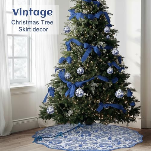 Soaoo 48'' Blue White Christmas Tree Skirt Chinoiserie Floral Tree Skirt