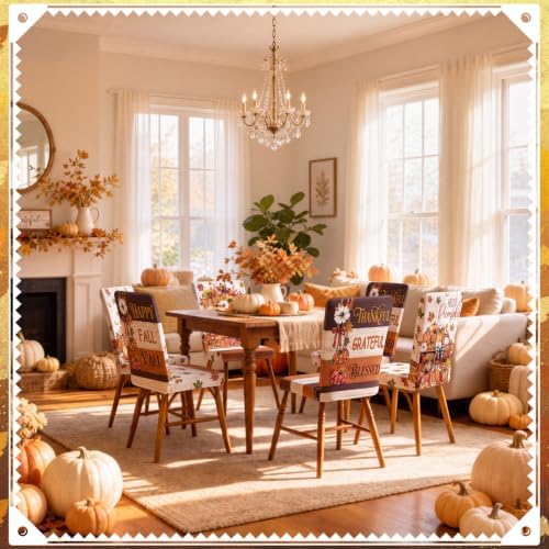 Moukeren 6 Pcs Fall Pumpkin Chair Covers Autumn Farmhouse Dining Slipcovers