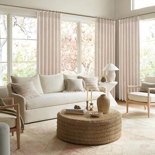PleatedDrapes Light Filtering Primitive for Living Room, Thick Linen Semi Sheer Curtains 96 Inches Long 2 Panels Set