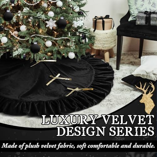 Velvet Christmas Tree Skirt, 48 Inches, Bow Style, Black