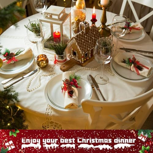 12 Pcs Christmas Napkin Rings Set, Xmas Pine Cones Poinsettia Wooden Napkin Ring Holders,Handmade Rustic Style Napkin Decoration for Christmas Banquet Dinner Wedding Birthday Table Decor