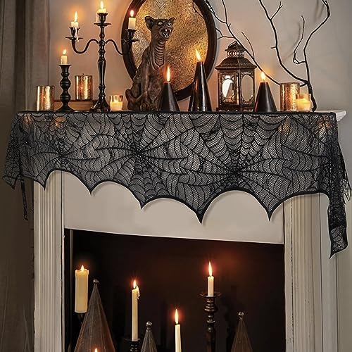 Hooqict Halloween Decoration Halloween Black Lace Spiderweb Fireplace Mantle Scarf Cover for Halloween Party Supplies 18 x 96 Inch
