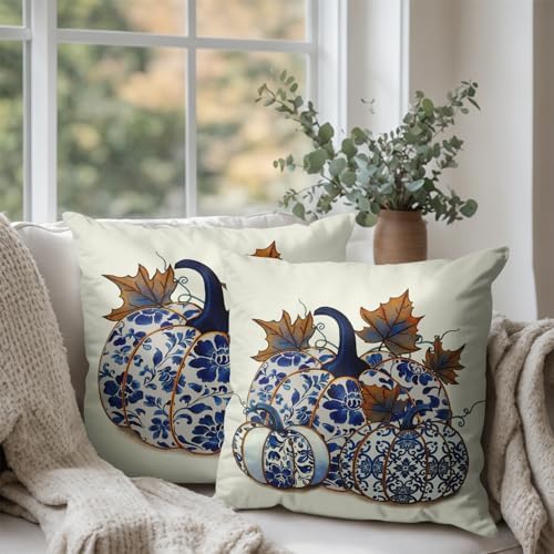 Fall Chinoiserie Pillow Covers 18x18 Set of 2 Blue and White Porcelain Pumpkin Leaf Flowers Autumn Outdoor Throw Pillows Thanksgiving Harvest Pillowcase for Sofa Couch Decor