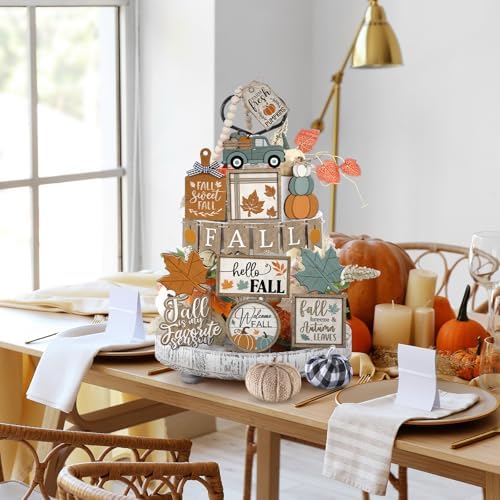 DoubleFill 21 Pcs Fall Tiered Tray Decoration Set Autumn Table Sign