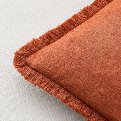 MIULEE Linen Fringe Decorative Fall Throw Pillow Covers Burnt Orange 18x18