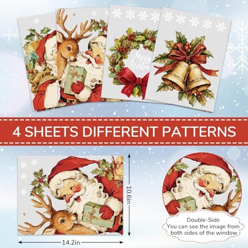 Whaline 4 Sheets Large Christmas Window Clings Santa Reindeer Holly Berry Bell Window Stickers Double-Sided Glass Decals for Winter Xmas Home Classroom Office Party Decoration