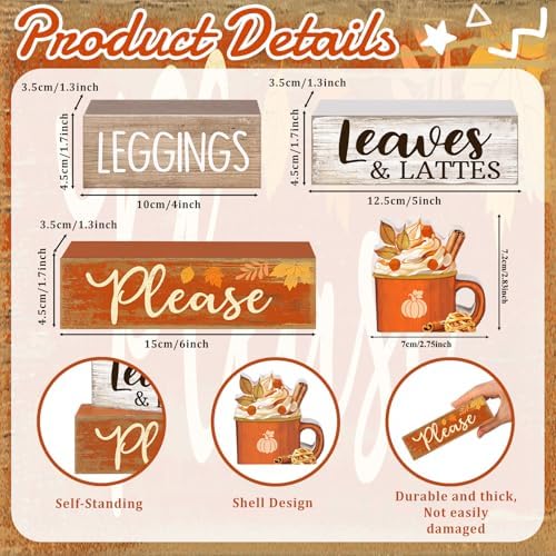 Lineshading 4 Pcs Fall Table Decor, Leaves Lattes Coffee Wooden Blocks Sign