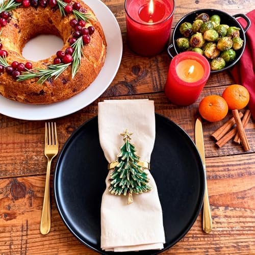 Christmas Tree Napkin Rings Set of 8, Gold Alloy Napkin Holders with Star Topper, Green Enamel Holiday Table Decor for Christmas Dinner