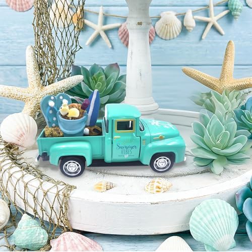 Beach Decor Metal Truck with Mini Fake Beach Buckets Surfboards Flip Flops