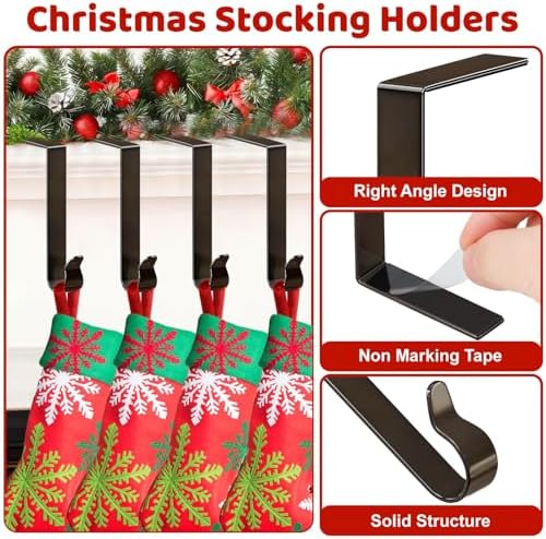 Stocking Holders for Mantle, Christmas Stocking Hooks, 4 Pack Stocking Hangers for Mantel, Non-Skid Stocking Hangers, Lightweight Stocking Hooks for Fireplace Home Party Decor