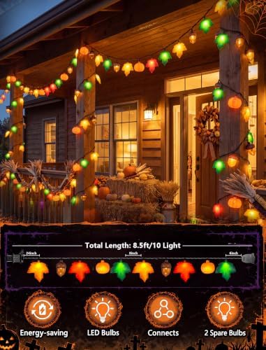 8.5FT 10LED Pumpkin Maple Leaf Acorn Fall String Lights Decorations Plug in