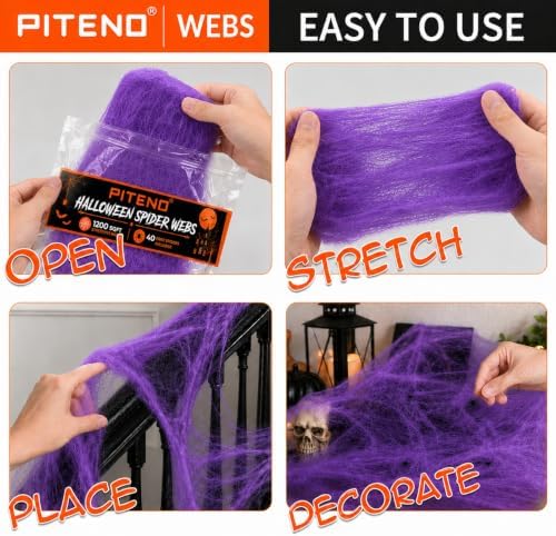 Piteno® 1200 sqft Spider Webs Halloween Decorations with 40 Fake Spiders, Stretchable Halloween Spider Webs for Indoor Outdoor Haunted House Yard Porch Party Decor (Purple)