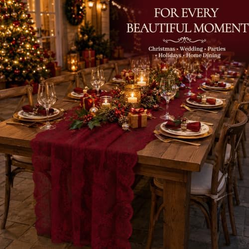 Burgundy Lace Table Runner with Floral Embroidered (1pcs, 28”x118”)