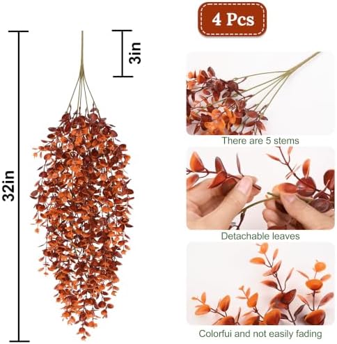 Waipfaru 4Pcs Fake Hanging Plants, Red-Brown Eucalyptus Fake Vines Ivy