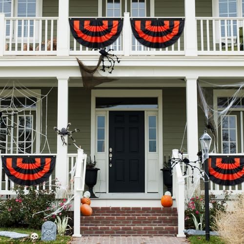 Newwiee 4 Pcs 4 x 2 ft Halloween Flag Bunting Half Fan Hanging Pleated Flag Banner with 3 Grommets for Halloween Indoor Outdoor House Holiday Yard Decorations Party Props, Black Orange