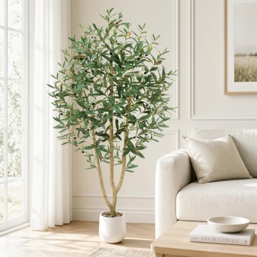 7ft Artificial Olive Tree with Tall Exquisite Planter | Realistic Faux Olive Tree with Thick Trunk and Lifelike Leaves