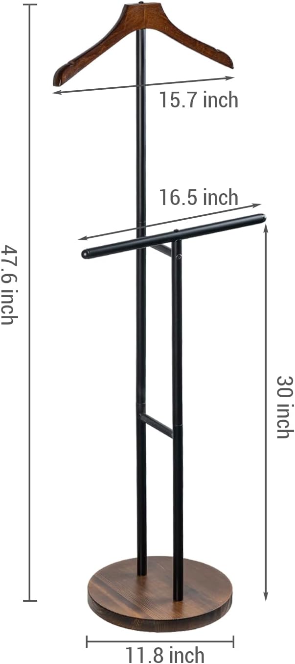MyGift Modern Garment Valet Stand with Rustic Burnt Solid Wood Coat Clothes Hanger, Round Wooden Base, and Industrial