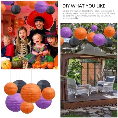 18Pcs Black Orange Purple Paper Lanterns for Parties, 6” 8” 10” 12” Chinese Asian Hanging Round Paper Lanterns for Birthday Wedding Halloween Christmas Home Decor Party Decor