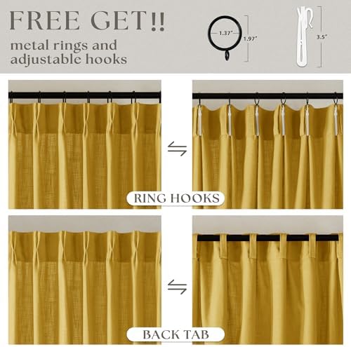 Mustard Yellow Pleated Semi Sheer Linen Curtains 102 Inches Long 2 Panel