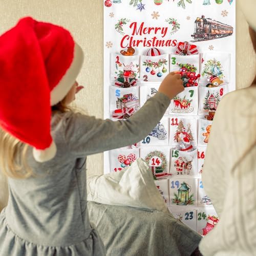Fabric Christmas Advent Calendar with Pockets 24 Days Christmas Countdown Advent Calendar Hanging Countdown Calendar to Fill Reusable Wall Hanging Storage Bag for Home Xmas Holiday Decor