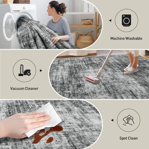 6x9 Area Rugs for Living Room: Washable Abstract Black Badroom Carpet