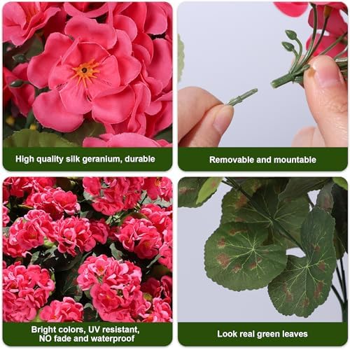 Artificial Geranium Fake Flowers for Outdoors Decoration, 6 Bundles Silk Geraniums Flower UV Resistant Look Real Faux Plants for Outside Planter Front Door Garden Patio Balcony Yard Home, Hot Pink