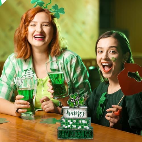 DIYDEC 4Pcs St.Patrick's Day Table Decoration Shamrocks Wooden Block Signs Rustic St. Patrick Tiered Tray Decor Happy St.Patrick's Day Centerpiece Sign for Farmhouse Holiday Tabletop Home Party Decor
