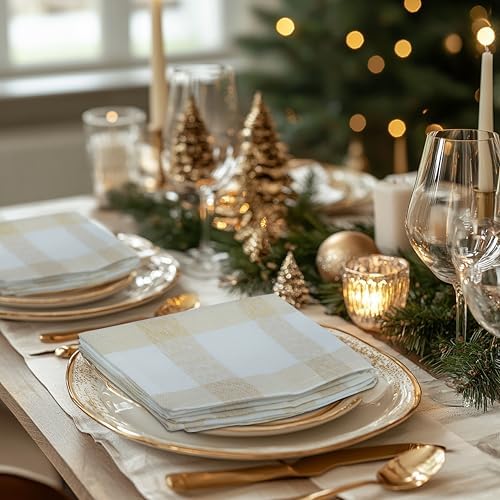 COTTON CRAFT Gold Plaid Holiday Napkins - Set of 12 Cotton Cloth Napkin