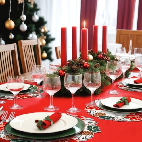 HunnmingRe Christmas Placemats Set of 6 Embroidered Velvet Poinsettia Table Mats 14 Inch White and Red Double Layer Xmas Placemats for Xmas Holiday Tabletop Home Dining Kitchen