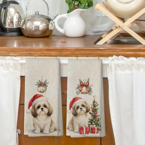 Shih Tzu Christmas Tree Kitchen Dish Towels 16x24, Set of 2