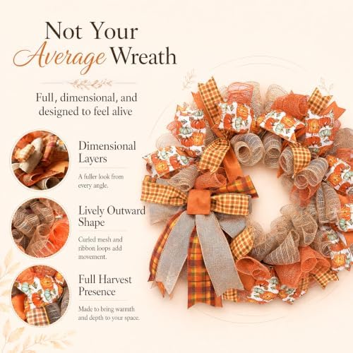 24 Inch Fall Wreaths for Front Door, Pumpkin Wreath
