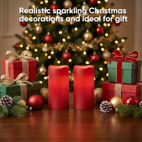 Amagic 3"x6" Red Flameless Candles with Remote, Christmas Battery Operated Candles with Timer, Waterproof LED Pillar Candles for Thanksgiving Table, Home, Outdoor Decor, Plastic, Set of 2