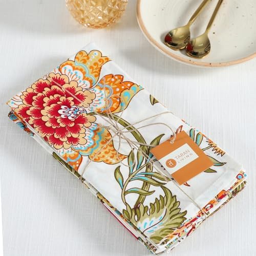 TARAN LIVING Cotton Cloth Napkins Natural Reusable Fall Dinner Napkins Reusable Machine Washable Fabric for Events, Gift, Home Decor - Kaveri, 20x20 Inches (Pack of 12)