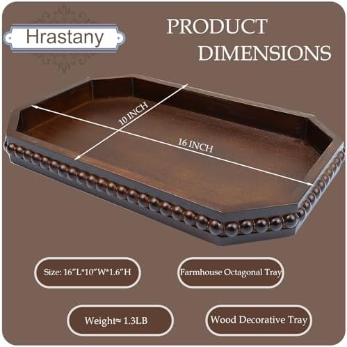 Hrastany Retro Brown Wood Serving Tray with Beads, Farmhouse Decorative Tray for Table Centerpiece, Christmas Wedding Halloween Home Decor