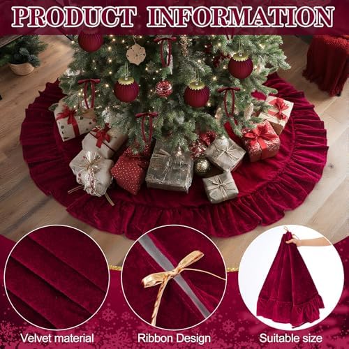Velvet Christmas Tree Skirt, 60 Inches, Bow Style, Red