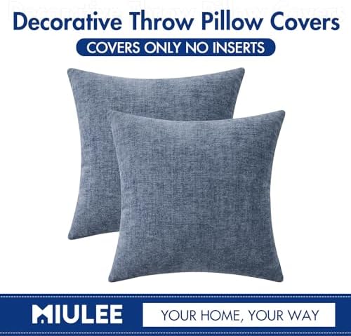MIULEE Soft Chenille Throw Pillow Covers Dark Grey Blue 18x18 Pack of 2